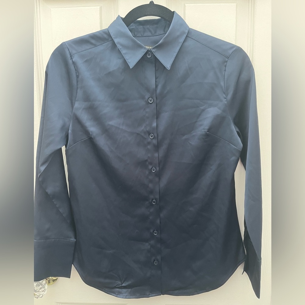 Banana Republic Satin Classic Shirt Preppy Navy - Picture 2 of 7